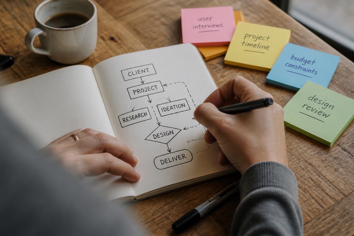 Handen die een flow uitschetsen naast post-its