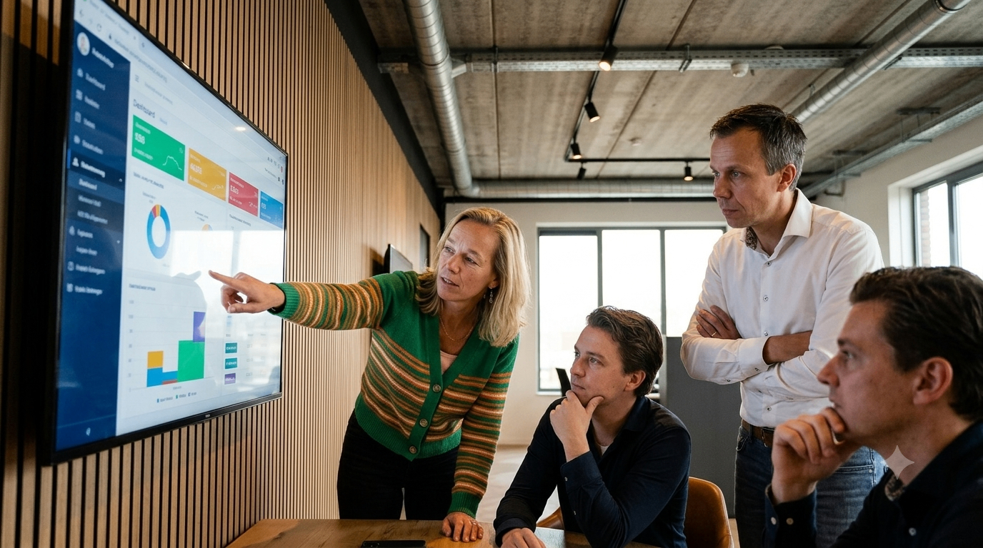 Het team bekijkt de oplossing op het scherm