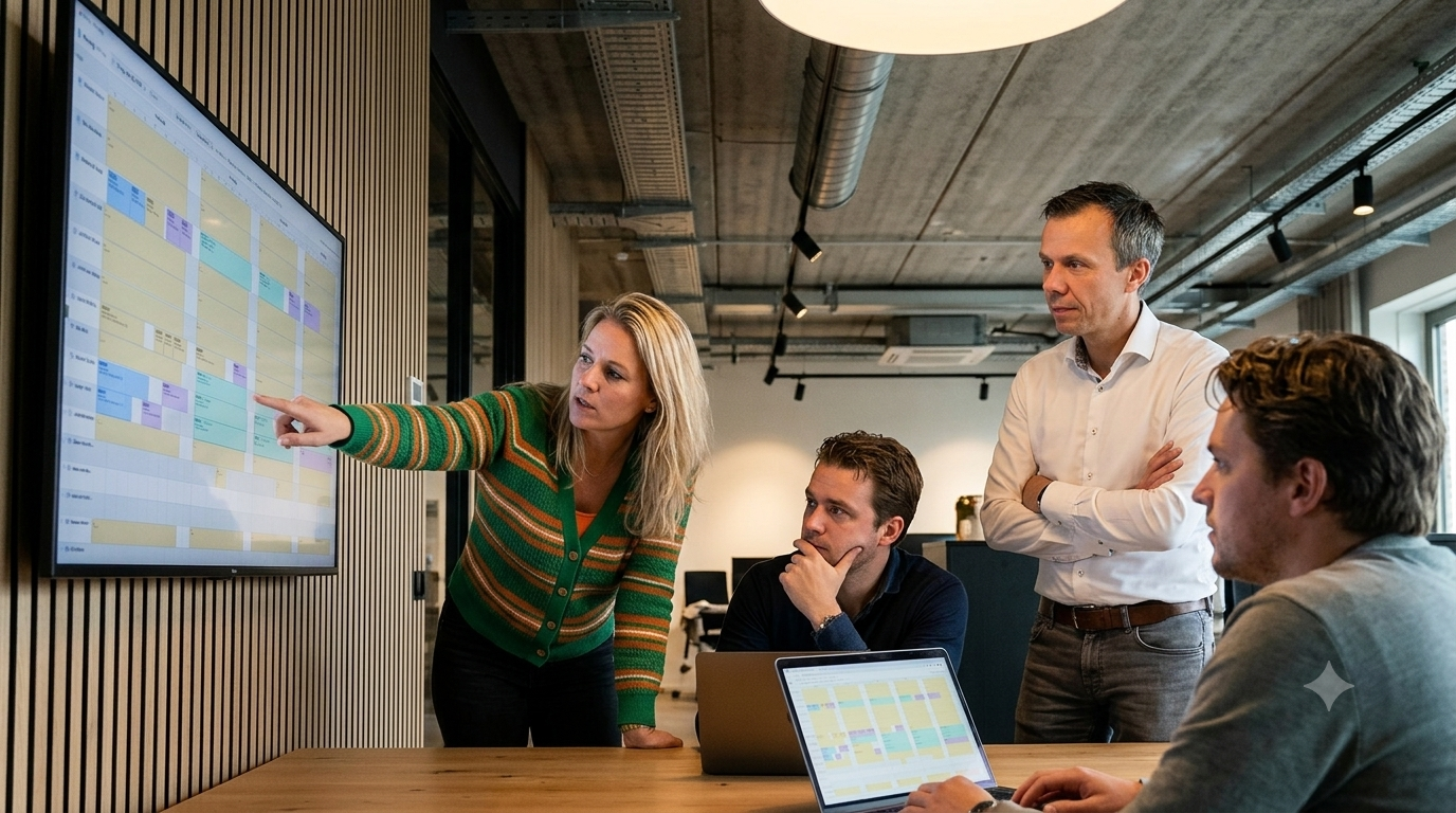 Het team bekijkt samen het planningsoverzicht op een groot scherm